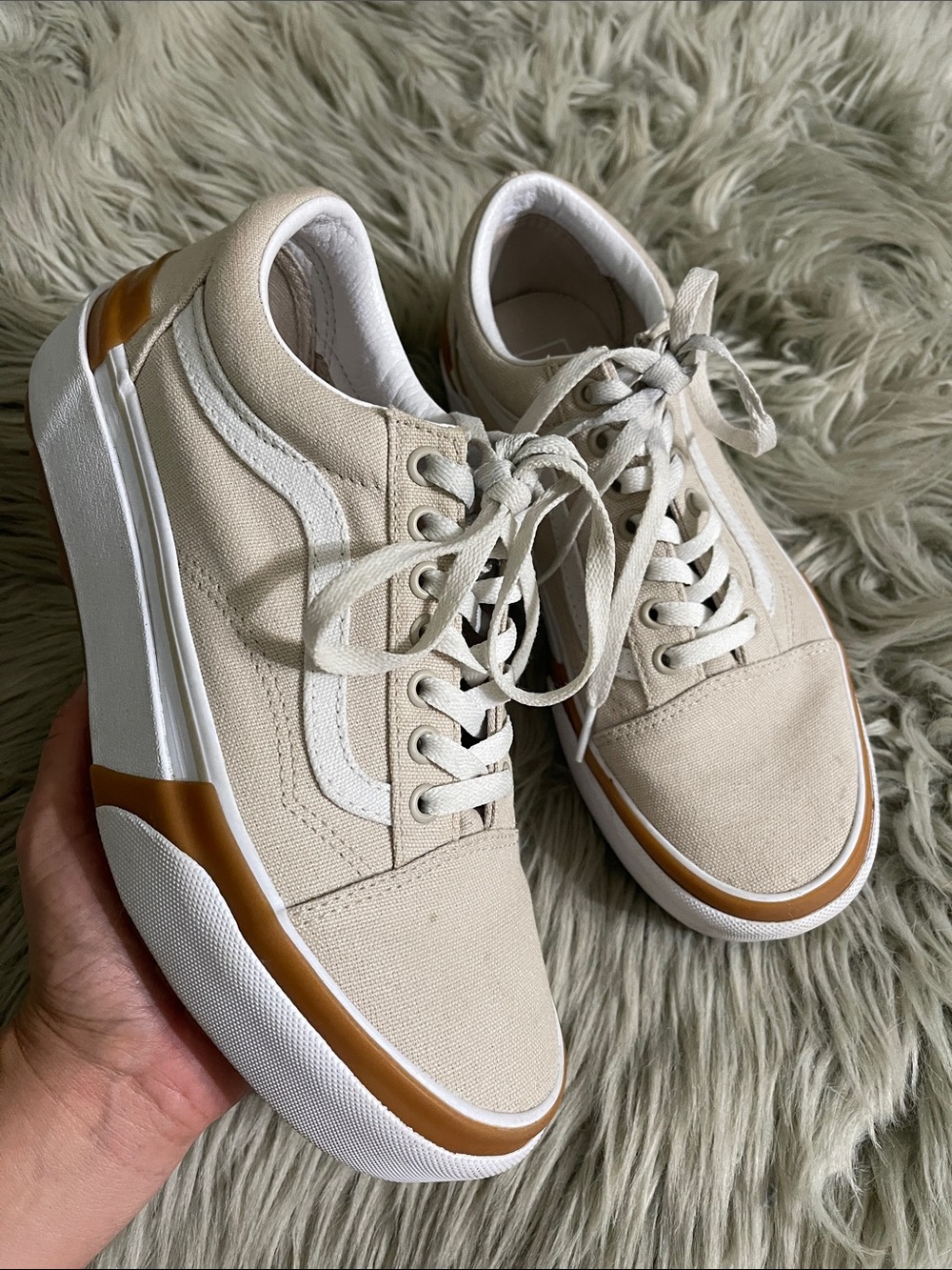 Vans Beige Canvas Low-Top Sneakers with White Stripe and Tan Accents